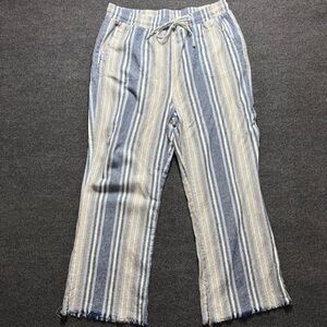 Linen Blend Blue and Beige Striped Wide Leg Pants Trendy Tattered Hem